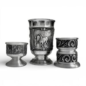 Vintage Pewter Norway Germany 3 Piece Lot Small Candle Holders Cup Raised Relief